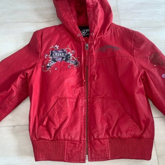 Ed Hardy Leather Jacket Women’s Size Medium Red ‎ Y2K Vintage Hooded Authentic - Picture 2 of 12
